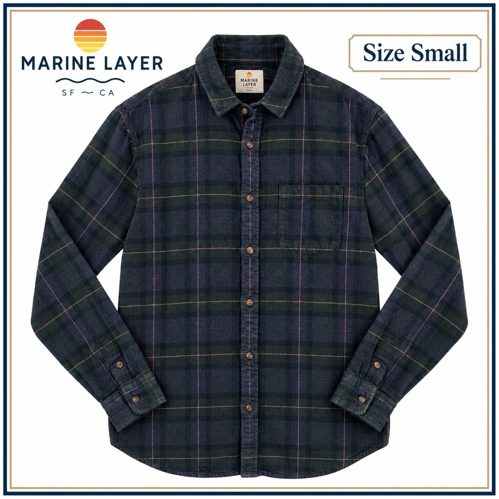 Marine Layer Flannel Shirt Mens L Navy Green Tartan Plaid Button Down Heritage